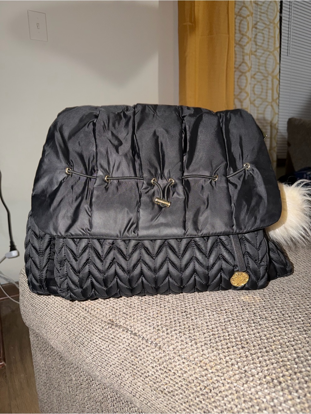 Kids Quilted Black Puffy Backpack with Drawstring Detail